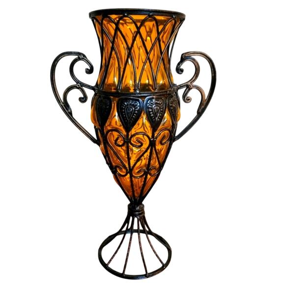 Vintage Handblown Amber Footed Vase Art Glass, Decor Vase Filigree - Picture 1 of 6